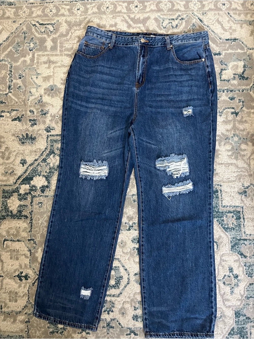 Fashion Nova Dark Blue Boyfriend Distressed Jeans